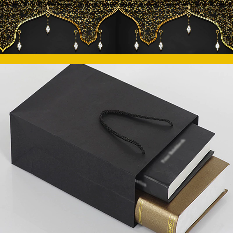 black handheld paper bag