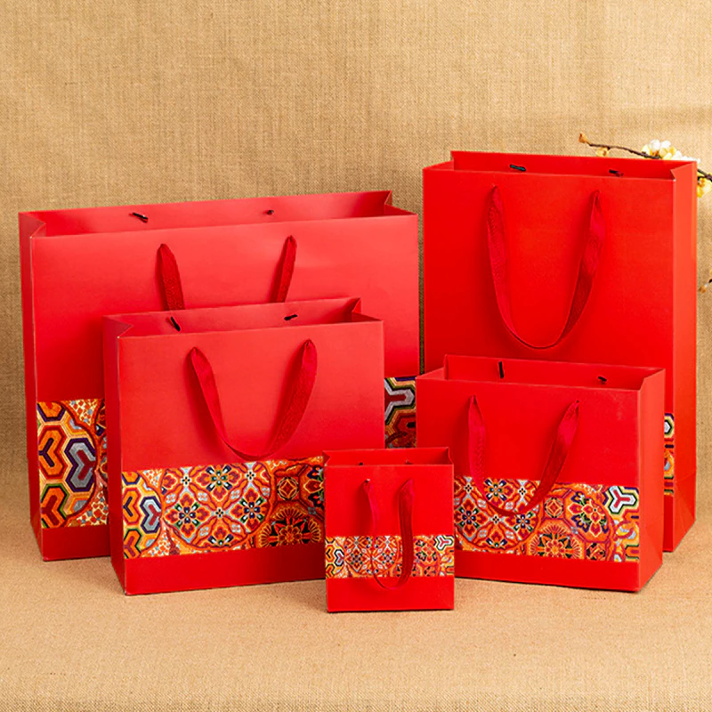 Red ethnic style handheld paper bag, product bags, gift bags, clothing bags, jewelry bags
